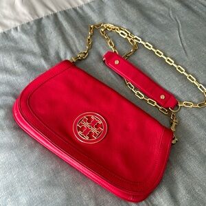 Hot Pink Magenta Tory Burch leather crossbody with gold chain.